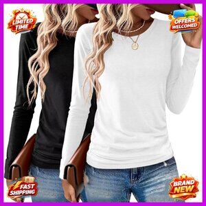 2 Pack Long Sleeve Crewneck T-Shirts Soft Stretch Fabric Loose Fit